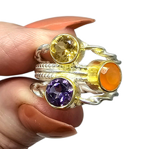 Load image into Gallery viewer, Three Stone Ring, Size 7, A Fusion of Amethyst, Citrine &amp; Carnelian, Two Tone, Gold Plated Sterling Silver - GemzAustralia 