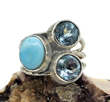 Load image into Gallery viewer, Larimar &amp; Blue Topaz Ring, Size 7.25, Three Stone Ring, Dolphin Stone, Atlantis Stone, December Birthstone, Sterling Silver