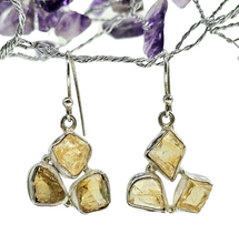 Load image into Gallery viewer, Raw Citrine Earrings, November Birthstone, Sterling Silver, Rough Gemstones, 3 Stone dangle, Stone of Abundance, Money Stone