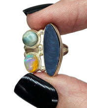 Load image into Gallery viewer, Australian Opal, Larimar &amp; African Opal Ring, Size 6, Sterling Silver, Three Stone Ring, Aura Gem, Psychic Gemstone, October Birthstone