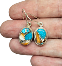 Load image into Gallery viewer, Oyster Turquoise Earrings, Oval Shaped, Sterling Silver, Orange Spiny Oyster Shell, Blue Turquoise, Copper Earrings, Hope &amp; Courage Stone - GemzAustralia 