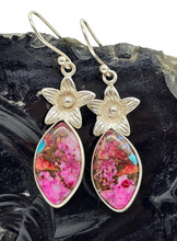 Load image into Gallery viewer, Pink Opal &amp; Oyster Turquoise Flower Earrings, Sterling Silver, Marquise Shaped, Love Stone, Copper Turquoise