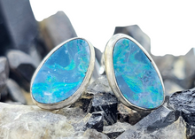 Load image into Gallery viewer, Australian Opal Studs, October Birthstone, Sterling Silver, Blue, Green &amp; Pink Opal, Doublets, Lucky Gemstone - GemzAustralia 