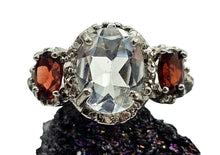 Load image into Gallery viewer, Aquamarine &amp; Garnet Three Stone Ring, Size 6 1/4, Sterling Silver, Vintage Inspired, March and January Birthstones