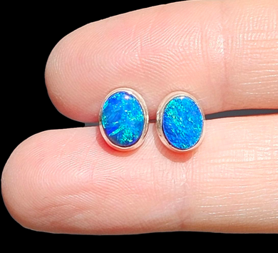 Australian Opal Studs, October Birthstone, Sterling Silver, Blue Green Opal Doublets, Love and Passion Stone, Genuine Gemstones - GemzAustralia 