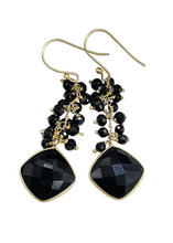 Load image into Gallery viewer, Genuine Black Onyx Earrings, Gold Plated Sterling Silver, Checkerboard Faceted, Beaded drops, Support Stone - GemzAustralia 