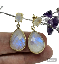 Load image into Gallery viewer, Rainbow Moonstone Dangly Earrings, Gold Plated Sterling Silver, June Birthstone, Protection Stone, Love Rock