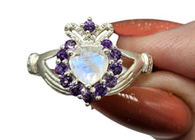 Load image into Gallery viewer, Rainbow Moonstone &amp; Amethyst Claddagh Ring, Size 9, Sterling Silver, Natural Gemstones, Symbol of Love, Friendship and Loyalty