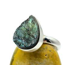Load image into Gallery viewer, Rough Labradorite Ring, Size 9, Sterling Silver, Pear Shaped, Blue Green Labradorite, Deflects unwanted Energy - GemzAustralia 