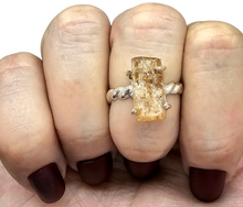 Load image into Gallery viewer, Rough Imperial Topaz Ring, Size 8, Sterling Silver, Raw Gemstone, Twisted Band, Rectangle Design, Manifestation Stone, Solar Plexus Chakra