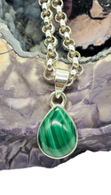 Load image into Gallery viewer, Malachite Pendant, Pear Shaped, Sterling Silver, Rich Green Gemstone, Bezel Setting, Visionary Gemstone, Warns of Danger