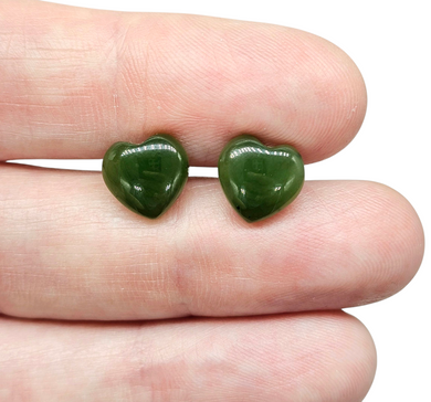 Solid Jade Heart Studs, Lucky Jade, Sterling Silver, Deep Green Jade Hearts, British Columbia Nephrite Jade - GemzAustralia 