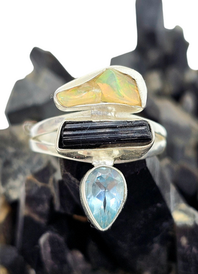 Opal, Black Tourmaline & Blue Topaz Ring, Sterling Silver, Rough Gemstones, Three Stone ring, Size Q