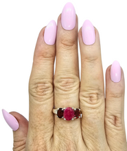 Load image into Gallery viewer, Ruby &amp; Garnet Three Stone Ring, Size 9, Sterling Silver, July and January Birthstones, Energy Stone