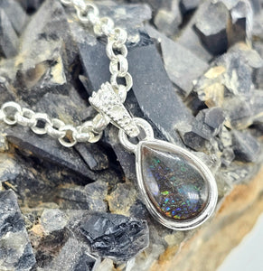Multi Coloured Ammolite Pendant, Sterling Silver, Pear Shaped, Fossilized Ammonite, Opal like Gemstone, Power Gemstone - GemzAustralia 