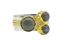 Load image into Gallery viewer, Three Stone Labradorite Ring, Size P 1/2, Blue Labradorite, Magic Stone, Protection Stone, Two Tone Ring, Wide Band - GemzAustralia 