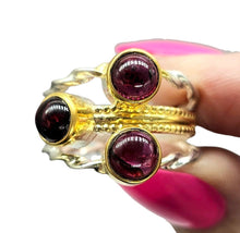 Load image into Gallery viewer, Garnet Three Stone Ring, Size 9 1/4, Sterling Silver &amp; Gold Plated, 2 tone, January Birthstone, Energy Stone