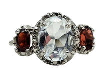 Load image into Gallery viewer, Aquamarine &amp; Garnet Three Stone Ring, Size 6 1/4, Sterling Silver, Vintage Inspired, March and January Birthstones