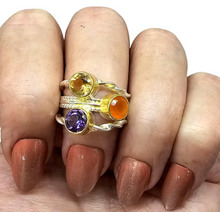 Load image into Gallery viewer, Three Stone Ring, Size 7, A Fusion of Amethyst, Citrine &amp; Carnelian, Two Tone, Gold Plated Sterling Silver - GemzAustralia 