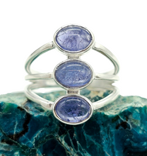 Load image into Gallery viewer, Three Stone Tanzanite Ring, Size 8, Sterling Silver, Psychic Power Stone, Meditation Stone