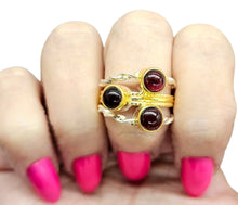 Load image into Gallery viewer, Garnet Three Stone Ring, Size 9 1/4, Sterling Silver &amp; Gold Plated, 2 tone, January Birthstone, Energy Stone