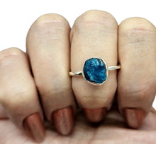 Load image into Gallery viewer, Raw Neon Blue Apatite Ring, Size R, Sterling Silver, Hammered Band, Rough Stone, Electric Blue Gemstone