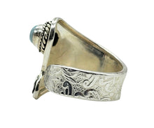 Load image into Gallery viewer, Floral engraved Larimar Ring, Adjustable, Sterling Silver, Stone of Atlantis, Dolphin Stone, Water &amp; Fire Stone