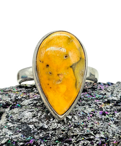 Bumblebee ring, Size P 1/2, Sterling Silver, Pear Shape, Eclipse Jasper, Fumarole Jasper, Bright Yellow, Orange & Black Gemstone - GemzAustralia 