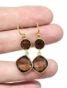 Smoky Quartz Earrings, Sterling Silver, 14K gold Plated, Caramel Brown, Double Drop, Grounding Stone, Anchoring Stone - GemzAustralia 