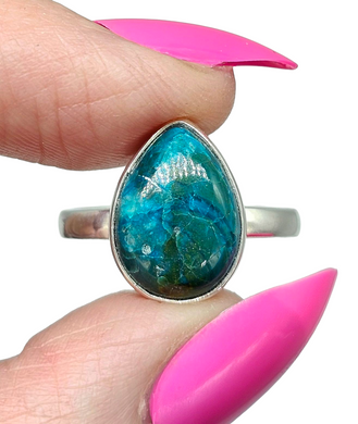 Chrysocolla Ring, Size S, Sterling Silver, Pear Shaped, Turquoise Blue Gem, Communication Stone, Serenity Stone