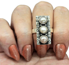 Load image into Gallery viewer, Rectangle Freshwater Pearl Ring, Size 7, Sterling Silver, June Birthstone, Truth Stone, Oxidized