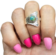 Load image into Gallery viewer, Blue Green Turquoise Ring, Adjustable, Sterling Silver, Round Shaped, Protection Stone, Love Stone, December Birthstone