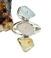 Load image into Gallery viewer, Raw Aquamarine, Rose Quartz &amp; Citrine Ring, Size 7, Sterling Silver, March and November Birthstones, Rough Gemstones, Three Stone Ring