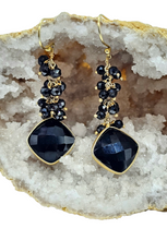 Load image into Gallery viewer, Genuine Black Onyx Earrings, Gold Plated Sterling Silver, Checkerboard Faceted, Beaded drops, Support Stone - GemzAustralia 