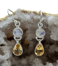 Load image into Gallery viewer, Citrine and Rainbow Moonstone Earrings, Sterling Silver, June and November Birthstones, Double Drops, Goddess Gem - GemzAustralia 