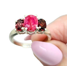 Load image into Gallery viewer, Ruby &amp; Garnet Three Stone Ring, Size 9, Sterling Silver, July and January Birthstones, Energy Stone