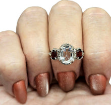 Load image into Gallery viewer, Aquamarine &amp; Garnet Three Stone Ring, Size 6 1/4, Sterling Silver, Vintage Inspired, March and January Birthstones