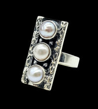 Load image into Gallery viewer, Rectangle Freshwater Pearl Ring, Size 7, Sterling Silver, June Birthstone, Truth Stone, Oxidized