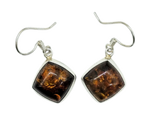 Load image into Gallery viewer, Baltic Amber Earrings, Diamond Shape, millions of years old, Sterling Silver, Fossilized Tree Resin, Cognac Amber