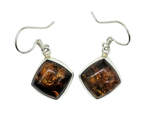 Baltic Amber Earrings, Diamond Shape, millions of years old, Sterling Silver, Fossilized Tree Resin, Cognac Amber