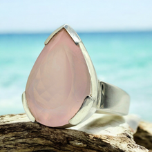 Load image into Gallery viewer, Rose Quartz Ring, Size 6.75, Sterling Silver, Pear Shape, 20 Carats, Love Stone, Unconditional Love, Pink Gem
