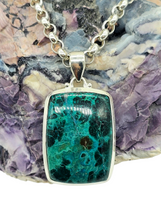 Load image into Gallery viewer, Chrysocolla Pendant, Rectangle Shaped, Sterling Silver, Turquoise Green Blue Gem, Communication Stone, Serenity Stone