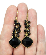 Load image into Gallery viewer, Genuine Black Onyx Earrings, Gold Plated Sterling Silver, Checkerboard Faceted, Beaded drops, Support Stone - GemzAustralia 