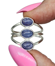 Load image into Gallery viewer, Three Stone Tanzanite Ring, Size 8, Sterling Silver, Psychic Power Stone, Meditation Stone