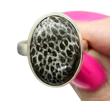 Load image into Gallery viewer, Stingray Coral Ring, Size 8, Oval Shaped, Sterling Silver, Black and White Coral, Fossilized, Honeycomb Pattern