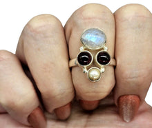 Load image into Gallery viewer, Rainbow Moonstone, Garnet &amp; Pearl Ring, Size 7.5, Sterling Silver, Natural Gemstones, Four Stone Ring