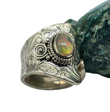 Load image into Gallery viewer, Ethiopian Opal Ring, Size 6 Adjustable, Sterling Silver, October Birthstone, Aura Stone, Psychic Gemstone, Oxidized engraving, Bohemian