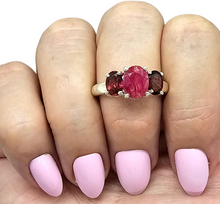 Load image into Gallery viewer, Ruby &amp; Garnet Three Stone Ring, Size 9, Sterling Silver, July and January Birthstones, Energy Stone