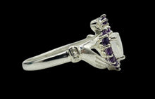 Load image into Gallery viewer, Rainbow Moonstone &amp; Amethyst Claddagh Ring, Size 9, Sterling Silver, Natural Gemstones, Symbol of Love, Friendship and Loyalty