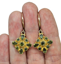 Load image into Gallery viewer, Multi-Stone Peridot Earrings, Gold Plated Sterling Silver, August Birthstone, Geometric Diamond Shaped Design - GemzAustralia 